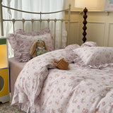 Purpdrank  Double Layer Yarn Pure Cotton French Floral Lace Ruffles Bedding Set Duvet Cover Set Pillowcases With Flat/Fitted Bed Sheet 4Pcs