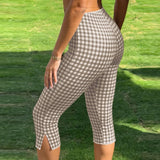 Purpdrank  Women Gingham Plaid Capri Leggings Lace Trim Waist Split Hem High Waist Slim Fit Casual Summer Pants Y2k Aesthetic Streetwear