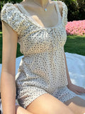 Purpdrank  Floral Lace-up Sweet T Shirt Women Lace Trim Sexy Square Collar Cotton Puff Sleeve T-shirts Vintage Cute Summer Blouse Y2k Tops