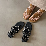 Purpdrank   Women's Black Cow Suede Low Heel Sandal Summer Fashion Studded Decor Thong Sandals Ankle Strap Slip-On Summer Beach Shoes