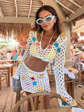 Purpdrank  Chic V-neck Hollow Out Lace-up Top Hip Package Mini Skirts Fashion Long Sleeve Hook Skirt Set for Women 2025 Summer Beach Outfit