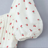 Purpdrank  Retro French Style Fruit Cherry Print Midi Long Dress Puff Sleeve Chest Ruched Bow Square Collar Hem Slit Swing Robe Fairy