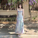 Purpdrank  French Mermaid Princess Summer Elegant Fish Tail Gradient Strap Waist Inward New Style Beach Dress Vacation Long Dress