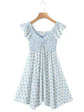 Purpdrank  Sexy White Blue Flower Print Ruffle Strap Mini Dress V neck Ruched Elastic Chest Corset Sleeveless Short Tank Robe Holiday Woman