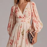 Purpdrank  Spring Women V Neck Floral Print Long Sleeve Party Dress Ladies Commute A-Line Pullover Pleated Dress