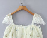 Purpdrank  French Style Floral Embroidery Cropped Blouse Shirt Women Beige Lace Lyocell Summer Vocation Casual Sexy Ladies Y2K Tops New