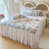 Purpdrank  100% Cotton Korean Princess Style Flowers Prints Lace Ruffles Bedding Set Duvet Cover 1.2M/1.5M/1.8M/2M Bed Skirt Pillowcases