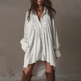 Purpdrank  Women's Boho White Lace Shirt Dress Spring Flare Long Sleeve Button Hem Mini Dress New Elegant Lapel Loose Irregular Party Dress
