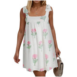 Purpdrank  Summer Sundresses For Women Square Neck Sleeveless Short Dress Bow Tie Floral Print Casual Midi Dresses Ruffle Hem Boho Dresses
