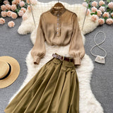 Purpdrank - Autumn Winter Women Two Piece Sets Stand Collar Puff Sleeve Ruffled Tops and Empire Slim Skirt with Belt Office Lady Suits