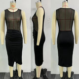 Purpdrank  Sexy Black See Through Mesh Patchwork Bodycon Midi Dress for Women Elegant Sleeveless O-neck Ruched Split Night Club Party Dress