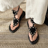 Purpdrank   Women's Black Cow Suede Low Heel Sandal Summer Fashion Studded Decor Thong Sandals Ankle Strap Slip-On Summer Beach Shoes
