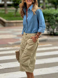 Purpdrank  Women's Solid Color Pockets Capris Pants High Waisted Wide Leg Loose Casual  Cropped Cargo Trousers Bottoms
