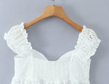 Purpdrank  Sweet White Hollow Out Embroidery Hole Bow V neck Wood ears Sleeve Tank Top Women Summer Elastic Back Swing Hem Vest Crop Top