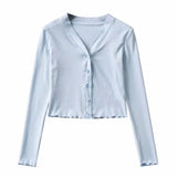 Purpdrank  70's Vintage V neck Wood ears Rib Long Sleeve Tee Base T-shirts Cool Girl Single-breasted Button Short Tee crop top