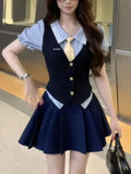 Purpdrank  Korean Sweet Preppy Style Women 3 Piece Set Puff Sleeves Blouse + Slim Vest + Mini Skirt Fashion Female Y2k Vintage Outfits 2025