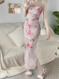 Purpdrank  Summer Women Sexy Slim Wrapped Hip Midi Dress Sweet Fragmented Flower Sheath Strap Dresses Spicy Girl Retro Split Sundress