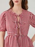 Purpdrank  Women’s Tie Front Peplum Tops Summer Cute Puff Short Sleeve Round Neck Plaid Print Loose Shirts Spring Fall Preppy Blouses Y2K