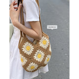 Purpdrank  Ethnic Style Sunflower Woven Bag for Women New Fashionable Tote Vacation Style Beach Bags
