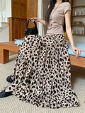 Purpdrank  Korean Leopard Print Pleated Long Skirt Women Elegant Holiday Fairycore Skirts Female High Quality A Line Party Faldas New