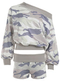 Purpdrank  Women Casual Camouflage Print Matching Set Chic Off Shoulder Long Sleeve Loose Top and Shorts Streetwear 2 Piece Outfit