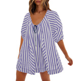 Purpdrank  Summer New Womens Fashionable Deep V-neck Tie Up Short Sleeved Striped Printed Jumpsuit Shorts Loose Casual Wide Leg Capris