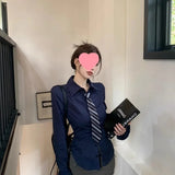 Purpdrank  Slim Fit Long Sleeve Shirt American Style Hot Girl Waist Cinching Dark Blue College Preppy Layering Design Women's Button up Top