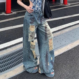 Purpdrank  Vintage Y2K Ripped Jeans for Women American Streetwear Baggy Grunge Wide Leg Trousers Female Hot-Girl High Waisted Denim Pants