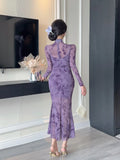 Purpdrank  Sexy Long Sleeve Lace Cheongsam Dress Waist Cinched Maxi Skirt for Women Southeast Asia Cross Border Elegant Commute Style