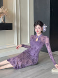 Purpdrank  Sexy Long Sleeve Lace Cheongsam Dress Waist Cinched Maxi Skirt for Women Southeast Asia Cross Border Elegant Commute Style