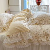 Purpdrank  Korean Princess Style Lace Ruffles Floral Bedding Set 100% Cotton Duvet Cover Bed Sheet/Fitted Sheet/Bed Skirt Pillowcases 3/4Pc