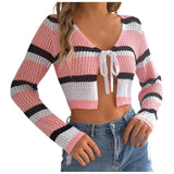 Purpdrank  Women Striped Crochet Knit Crop Top Color Block Stripe V Neck Tie Front Long Sleeve Hollow Out Cardigan Y2k Harajuku Streetwear