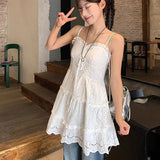 Purpdrank  Sweet Hollow Out White Mini Dress Women Retro Kawaii Ruffles Spaghetti Strap Dress Woman Ballet Style Bowknot Sleeveless Dresses