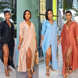 Purpdrank  Solid Satin Long Sleeve Shirt Dress Women Turn-down Collar Single Breasted Button Loose Fit Casual Maxi Dresses Sundress Vestido