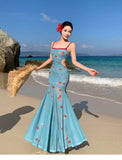 Purpdrank  Nile Garden Beach Vacation Lace Strap Dress for Women Summer Waist Slimming Bodycon Long Dress