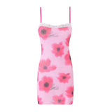 Purpdrank  Sexy Spliced Lace Slash neck Tie-dye Flower Mesh Sling Dress Women Skinny Slim Waist Package Hips Backless Robe Vestidos