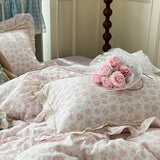 Purpdrank  French Floral Lace Ruffles Bedding Set Double Layer Yarn Pure Cotton Duvet Cover Set Pillowcases With Flat/Fitted Bed Sheet 4Pcs
