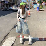 Purpdrank  Vintage High Waist Loose Wide Leg Jeans with Ripped Holes Retro American Style Loose Straight Denim Capri Pants for Women