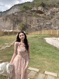 Purpdrank  Summer New Style Korean Version Slimming Pink Rose Print Hanging Neck Dress Short Princess Skirt No Sleeve High Waist