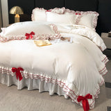 Purpdrank  Korean Style Lace Ruffles Princess Bedding Set, Duvet Cover, Bed Skirt, Fitted Sheet, Flat Sheet, Pillowcases, Black Bow, White