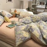 Purpdrank  Cute rustic french floral bedding set,purple yellow cotton twin full queen king home textile flat sheet pillow case duvet cover