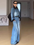 Purpdrank  Retro Polo Collar Workwear Denim Jumpsuit Women'S Spring And Autumn Color Blocked High Waisted Wide Leg Pants