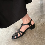 Purpdrank   New Handmade Shoes Genuine Leather Hollow-out Mid Heel Sandals High Quality Soft Comfortable Elegant Ladies Shoes 34-40