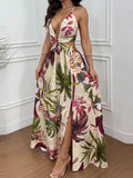 Purpdrank  Elegant V-neck Backless Hollow Maxi Dress Women Fashion Print Hight Waist Slim Long Dress Sexy Sleeveless Split Party Dress