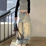 Purpdrank  Retro Light Blue Ripped Denim High Waist Wide Leg Floor-Length Pants Women's Elastic Straight Cut High Waist Jeans Autumn Hot Sa