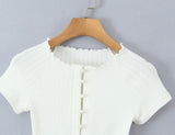 Purpdrank  Women Hollow out Through Buttons Pearl Knitted Short Sleeve Sweater Crop Pullovers Knitwear All Match Knitting Tops Jumper