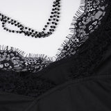 Purpdrank  Gothic Lace Trim Bodycon Dress Elegant Fashion Dark Slim-Fitting Solid Deep V-Neck Long Flare Sleeve Maxi Dresses Women