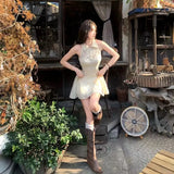 Purpdrank  Slim-fitting Temperament Cheongsam Lace Splicing Dress with Waist Slimming Summer New Retro Skirt