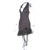 Purpdrank  Women's Sexy Polka Dot Halter Neck Bodycon Mini Dress Ruffle Hem Asymmetrical Party Dress