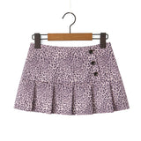Purpdrank  Y2K Leopard 3 Buttons Low Waist Pleated Mini Skirt American Retro Short Skater Skirts With Shorts lining Pink Coffee